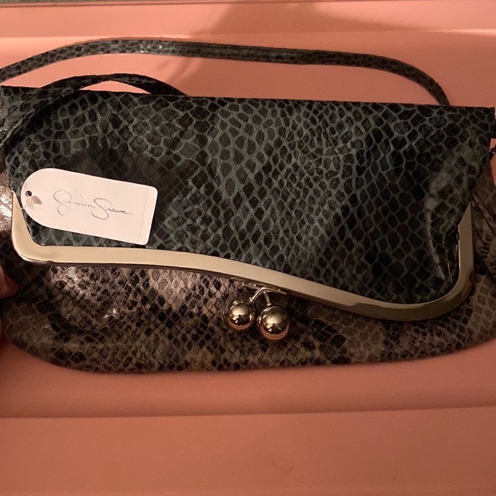 Jessica Simpson Clutch Strap Purse Jade/Grey Faux Snakeskin Print